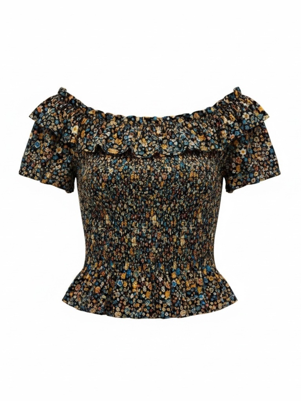 BCBGeneration Black Floral Smocked Off-Shoulder Crop Top